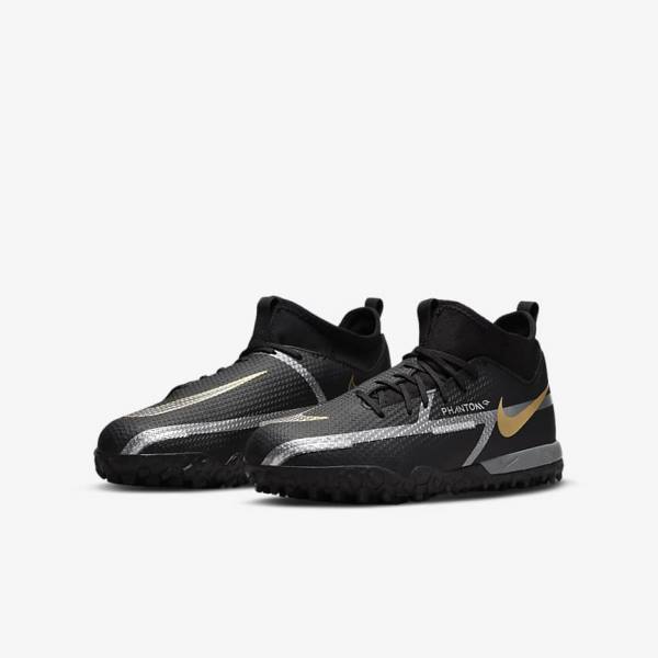 Nike Jr. Phantom GT2 Academy Dynamic Fit TF Older Turf Dječje Tenisice Za Nogomet Crne Metalne Zlatne Tamno Sive Metalne Tamno Sive | NK370GRA