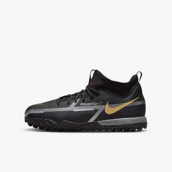 Nike Jr. Phantom GT2 Academy Dynamic Fit TF Older Turf Dječje Tenisice Za Nogomet Crne Metalne Zlatne Tamno Sive Metalne Tamno Sive | NK370GRA