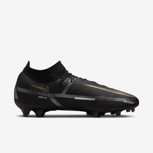 Nike Phantom GT2 Pro Dynamic Fit FG Firm-Ground Ženske Tenisice Za Nogomet Crne Metalne Zlatne Metalne Srebrne Metalne Tamno Sive | NK031VOS