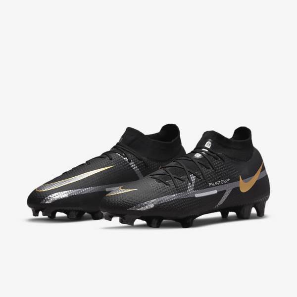 Nike Phantom GT2 Pro Dynamic Fit FG Firm-Ground Ženske Tenisice Za Nogomet Crne Metalne Zlatne Metalne Srebrne Metalne Tamno Sive | NK031VOS