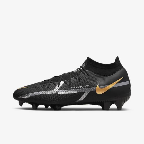 Nike Phantom GT2 Pro Dynamic Fit FG Firm-Ground Ženske Tenisice Za Nogomet Crne Metalne Zlatne Metalne Srebrne Metalne Tamno Sive | NK031VOS