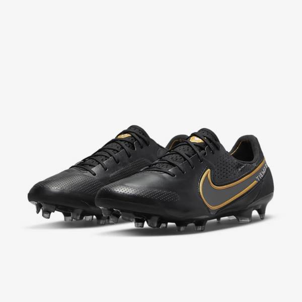 Nike Tiempo Legend 9 Elite FG Firm-Ground Ženske Tenisice Za Nogomet Crne Tamno Sive Metalne Zlatne Metalne Tamno Sive | NK209IFN