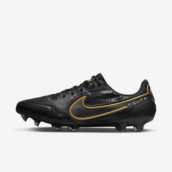 Nike Tiempo Legend 9 Elite FG Firm-Ground Ženske Tenisice Za Nogomet Crne Tamno Sive Metalne Zlatne Metalne Tamno Sive | NK209IFN